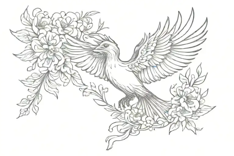 Shaded Tatto Of Small Flying Phoenix Silhouette With Big Flowers