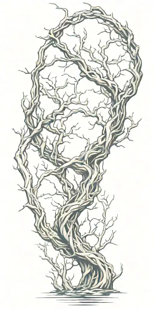 Realistic Twisted Intertwined Treetrunkc Intertwined Branches Reflected In Water