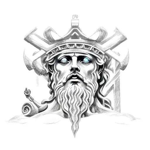 Poseidon With Lightning Coming Out Of His Eyes With Acropolis And A Greek Flag In The Background