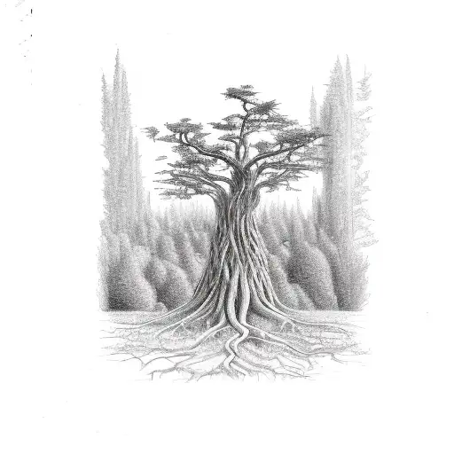 A Detailed Sketch Of A Tree With Roots That Form Various Agricultural Tools