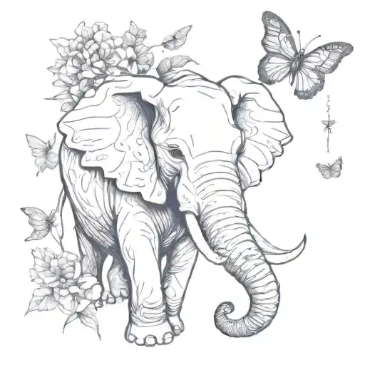 Elephant Head With Butterflies And Flowers Growing