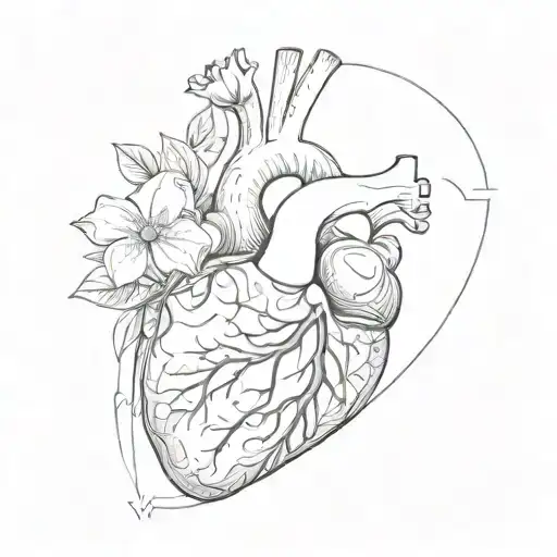 Minimal Thin Drawing Lines Black And White Anatomic Heart With Less Flower Detail Abstract