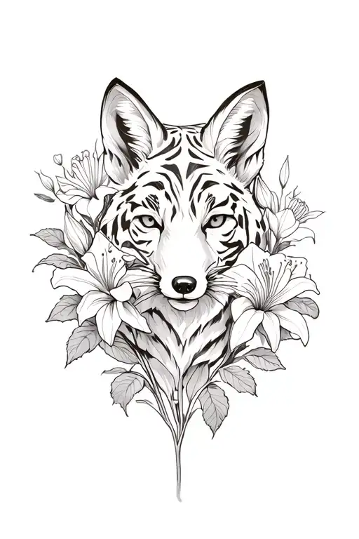 Fox Surrounded By Tiger Lilies And Roses Growing