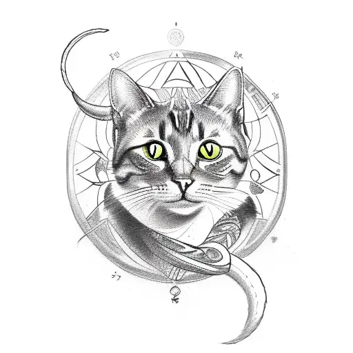 A Sketch-style Tattoo Of A Cat With The Client's Zodiac Sign Incorporated In The Design