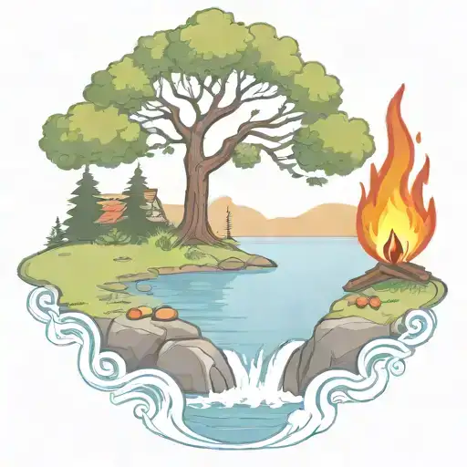A Rowan Berry Tree And A Campfire Beside A River Waterfalling Down The Front