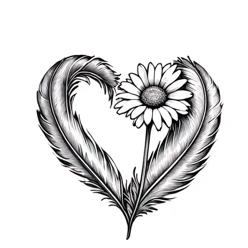 Heart Made Of Pheasent Feathers And Single Daisy Flower