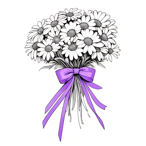 Black And White Bowquet Of Daisys Being Held Together By A Purple Ribon Bow