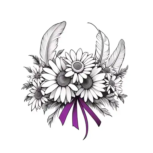 Black And White Bowquet Of Daisys And Pheseant Feathers Being Held Together By A Purple Ribon Bow