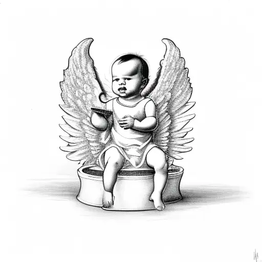 Baby Angel With Wings Sitting And Holding A Vase That Pours Out Water