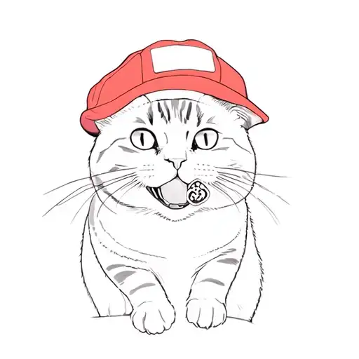 A Cat Wearing A Red Hat With Sticker On His Tongue