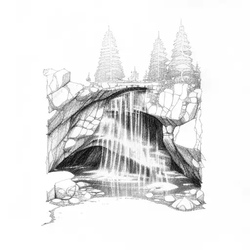 A Waterfall Flowing Into A Hidden Cave Entrance