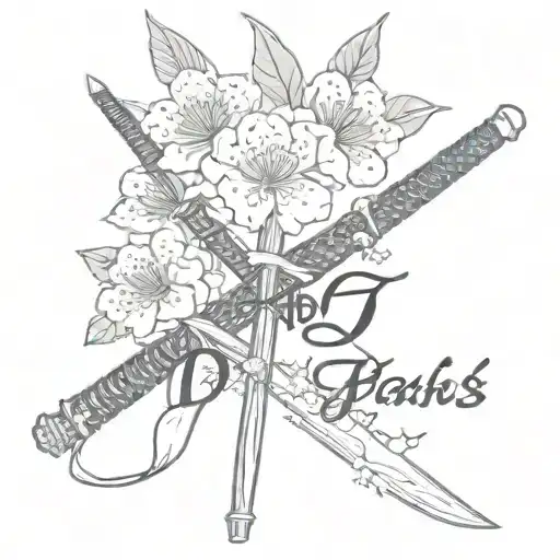 Cherry Blossom With Katanas With The Word Darks Maid Engraved On One Of The Katanas