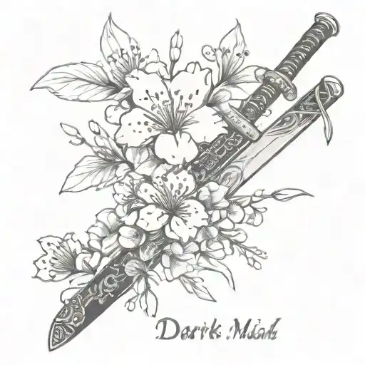 Cherry Blossom With Katanas With The Word Darks Maid Engraved On One Of The Katanas