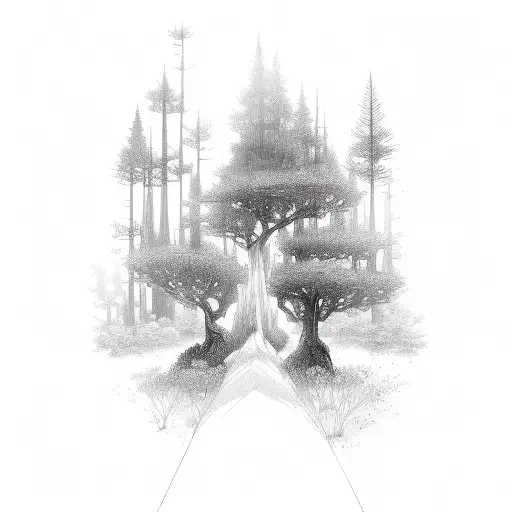 A Sketch-like Depiction Of A Serene Forest With Hidden Magical Beings