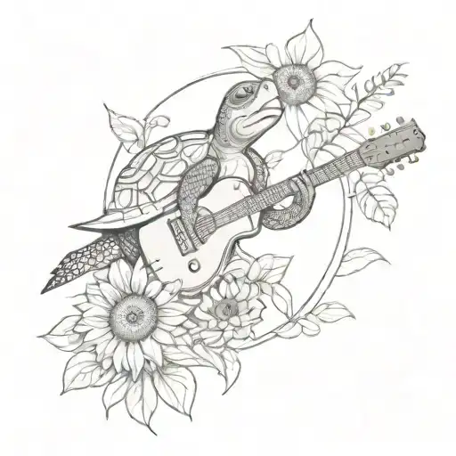 A Sketch Style Tattoo Of A Turtle Playing A Guitar In A Field Of Sunflowers
