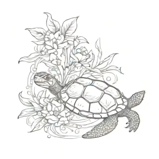 Flowers Forming Around A Turtle Swimming With A Cat