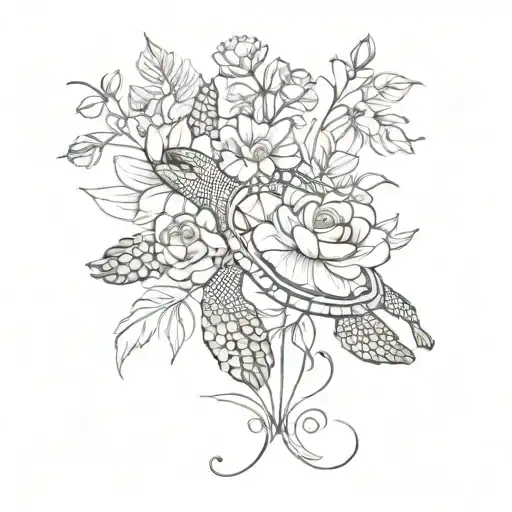 Half Arm Sleeve Tattoo Based On Small Flowers With A Turtle And Music Notes