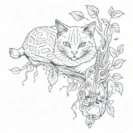 Small Cat Surrounded By Tree And Roots And Flowers With A Turtle And Music Notes