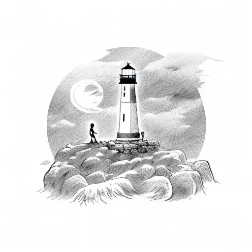 Silhouette Of Father And Son Climbing A Mountainside With A Lighthouse In The Background