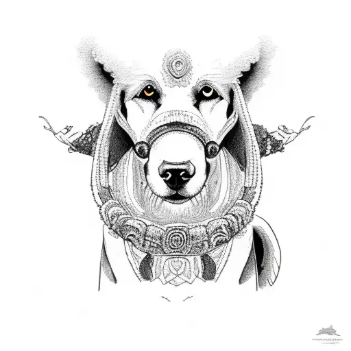 An Intricate Design Featuring A Dog And A Sheep In An Embrace