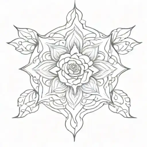 A Dotwork Tattoo Of A Mandala Design With Rose Petals And Vines Weaving Through The Pattern