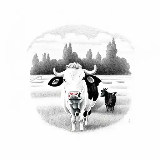 A Farm Scene With A Silhouette Of A Cow And A Guitar