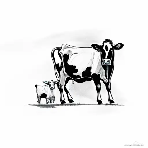 A Farm Scene With A Silhouette Of A Cow And A Guitar