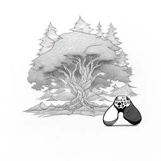 A Blackwork Tattoo Of A Tree With Branches Shaped Like Different Game Controllers