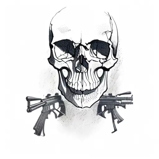 A Skull Wearing A Camouflaged Hat With Crossed Rifles Behind It