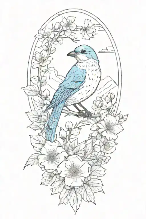 Simple Mountain Blue Bird With The Rocky Mountains In The Back And Wild Prairie Roses Around
