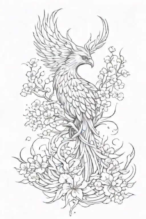 Phoenix Surrounded By Fire And Cherry Blossoms