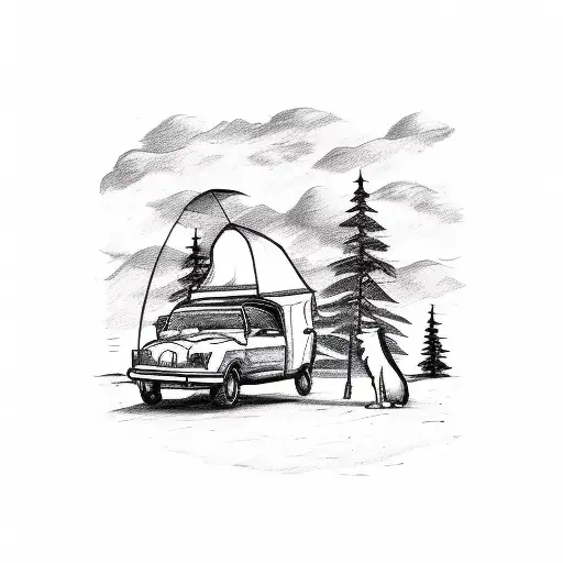 A Sketch-style Tattoo Of A Dog Exploring A Camping Site With Off-road Vehicles In The Background