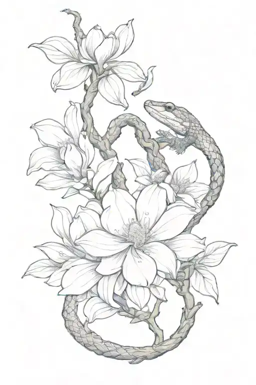 Magnolia Branch With A Snake In The Japanese Style Of Realism And Graphics