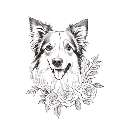 Dog Border Collie Black Head With A Roses