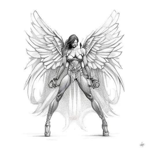 Full Body Female Angel With Wings And Muscle