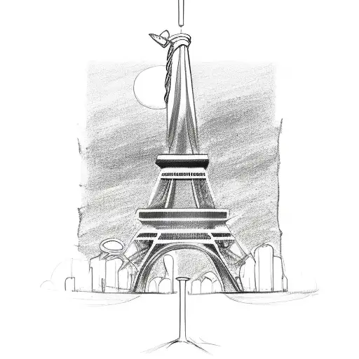 A Black And Grey Sketch Of An Airplane Flying Over The Eiffel Tower