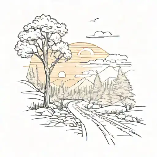 Road Leading Mountain Trees Colors Sunset