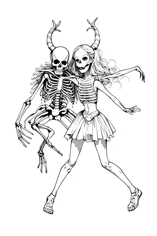 A Girl Dancing With A Skeleton That Is Wearing A Mask Of The Devil