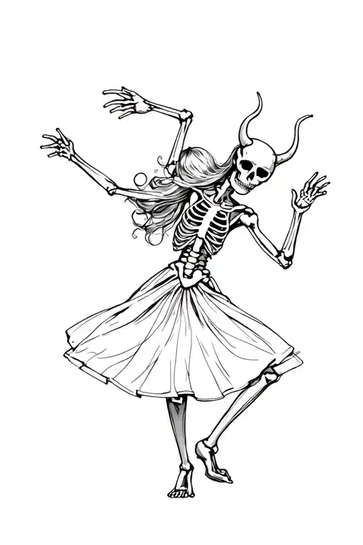 A Girl Dancing With A Skeleton That Is Wearing A Mask Of The Devil