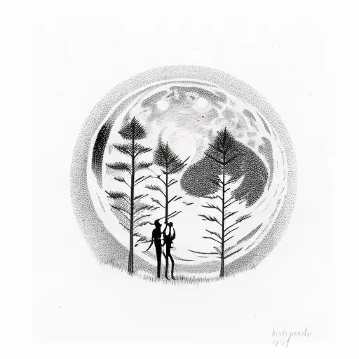 Full Moon Over A Forest In A Sky Of Stars With A Man And Woman Looking Up At It