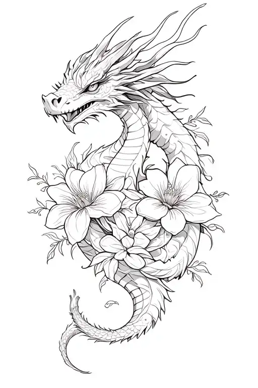 Dragon Intertwinded Andwith Flowers