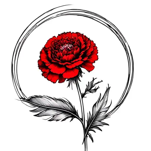 A Feather Bending Round The Stem Of A Red Carnation Flower