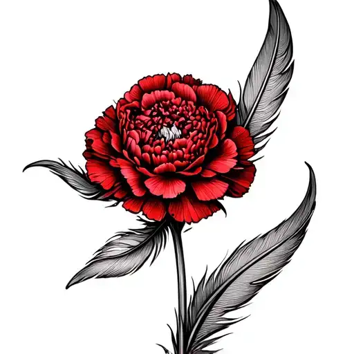 A Feather Bending Round The Stem Of A Red Carnation Flower