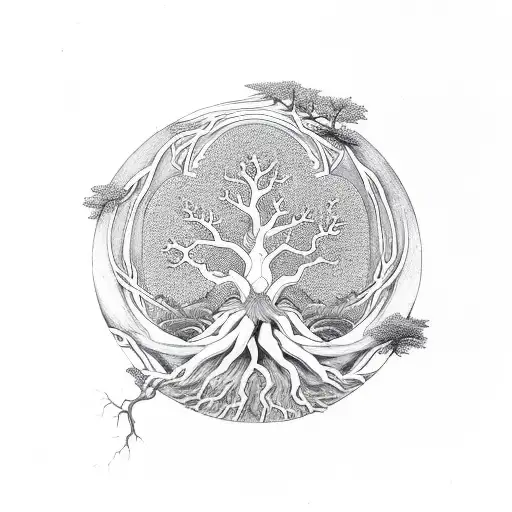 Yin Yang With Tree Of Life And Death And Roots Extending Outwards
