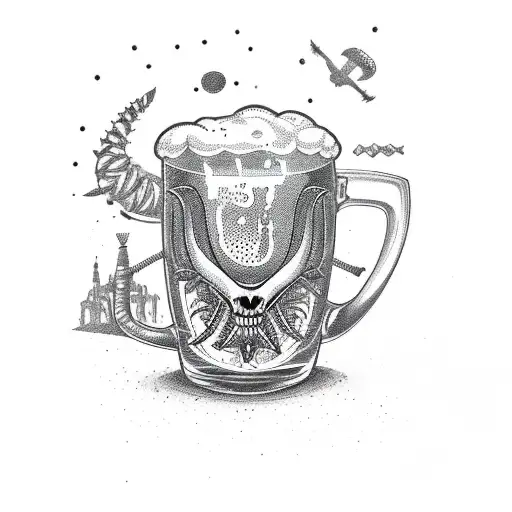 A Dotwork Design Featuring A Beer Mug With An Alien Face And Agricultural Tools Surrounding It