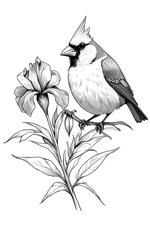 Male Cardinal And Iris Flower