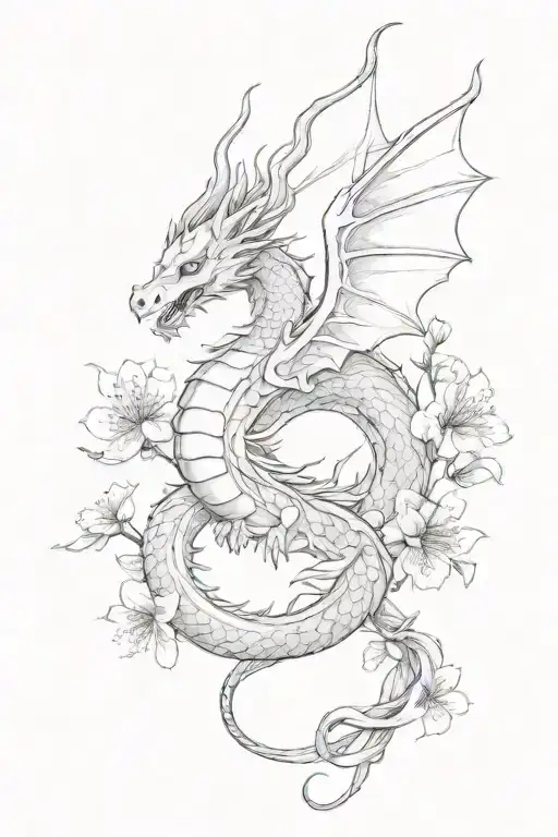 Mythical Dragon With Wings And Flowers Blooming Cherry Blossom