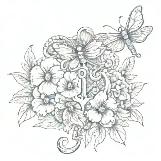 Navy Anchor With Dragonfly And Pansy Flowers