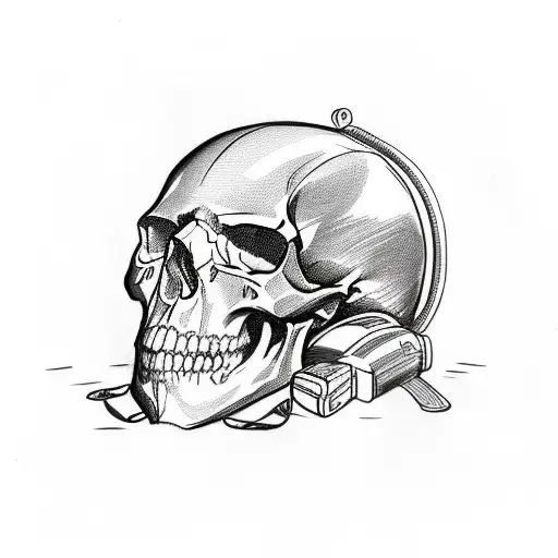 A Sketch-style Tattoo Of A Skull Wearing A Motorcycle Helmet And Surrounded By Camping Gear