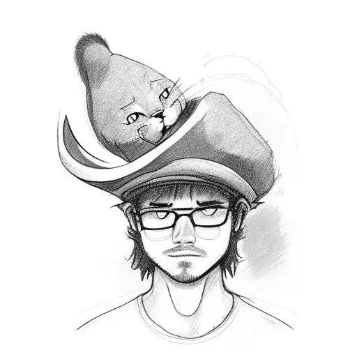 Guy In Hat Eith Lobg Hair Till Shoulders With Cat